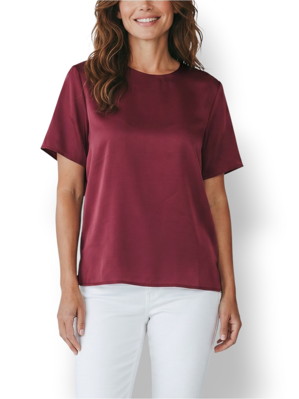 4/$20 Maggie Sweet Burgundy Polyester Blouse Short Sleeve Top Made in USA Medium